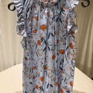Ces Femme Blue Blouse with Orange Floral Accents
